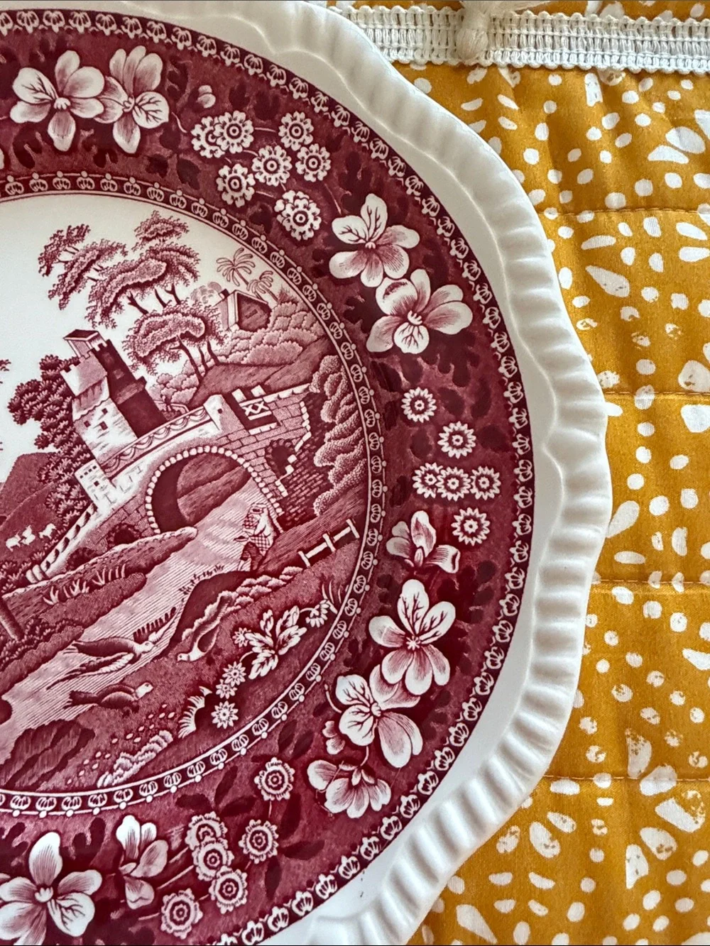 Spode Red Transferware Scenic Decorative Charger with Scalloped Edge